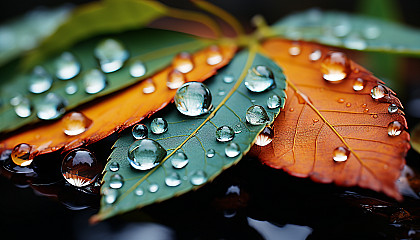 Macro shot of dewdrops on a vibrant leaf, each one reflecting the world around it.