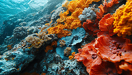 Detailed texture of a bright, multicolored coral.