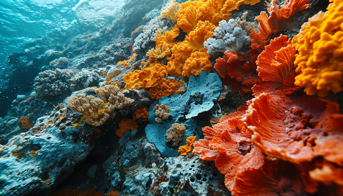 Detailed texture of a bright, multicolored coral.