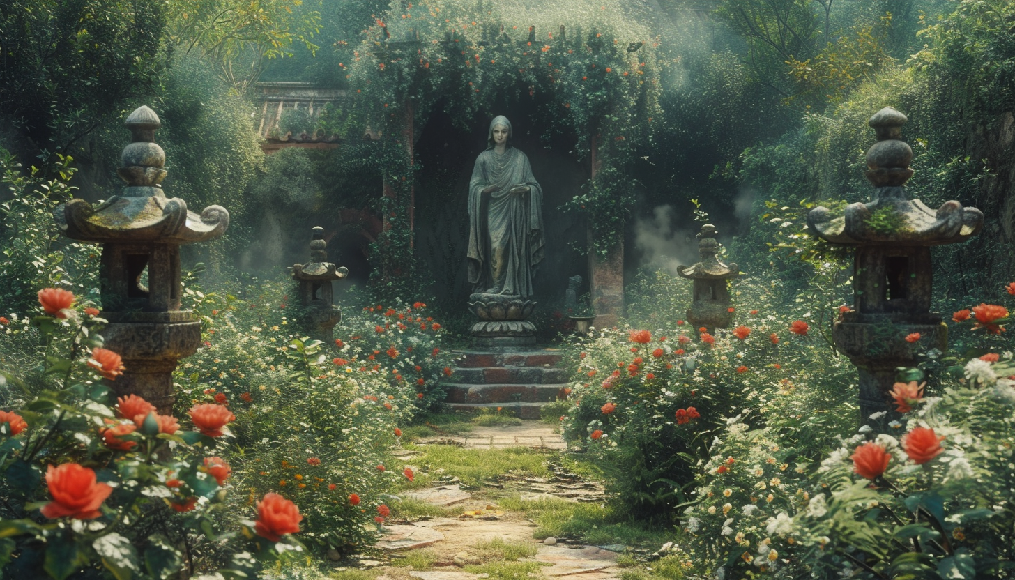 Discover a secret garden hidden within an overgrown maze, filled with hidden treasures, enchanting statues, and a sense of mystery.