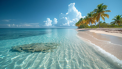 Lively tropical beach scene at midday with crystal-clear waters, white sandy shores, palm trees swaying in the breeze, and a colorful coral reef visible in the shallow water.