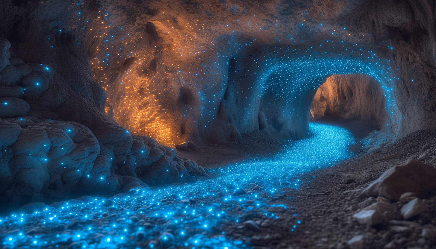 Enter a subterranean cavern illuminated by bioluminescent fungi, creating an eerie, phosphorescent underground world.