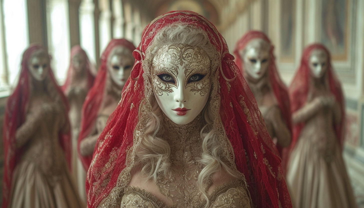 Attend a glamorous masquerade ball in a Venetian palace, with elaborate masks, flowing gowns, and an air of romantic intrigue.