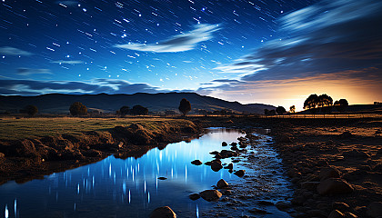 Star trails illuminating the night sky over a serene landscape.