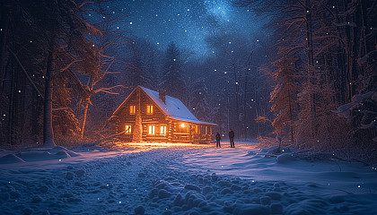 Cozy mountain cabin at winter night, surrounded by snow-covered trees, with warm light from windows and a starry sky above.