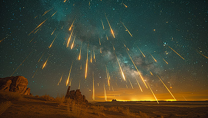 Witness a breathtaking meteor shower in a desert landscape, with shooting stars streaking across the vast, open night sky.