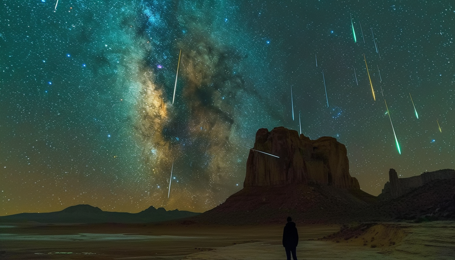 Witness a breathtaking meteor shower in a desert landscape, with shooting stars streaking across the vast, open night sky.