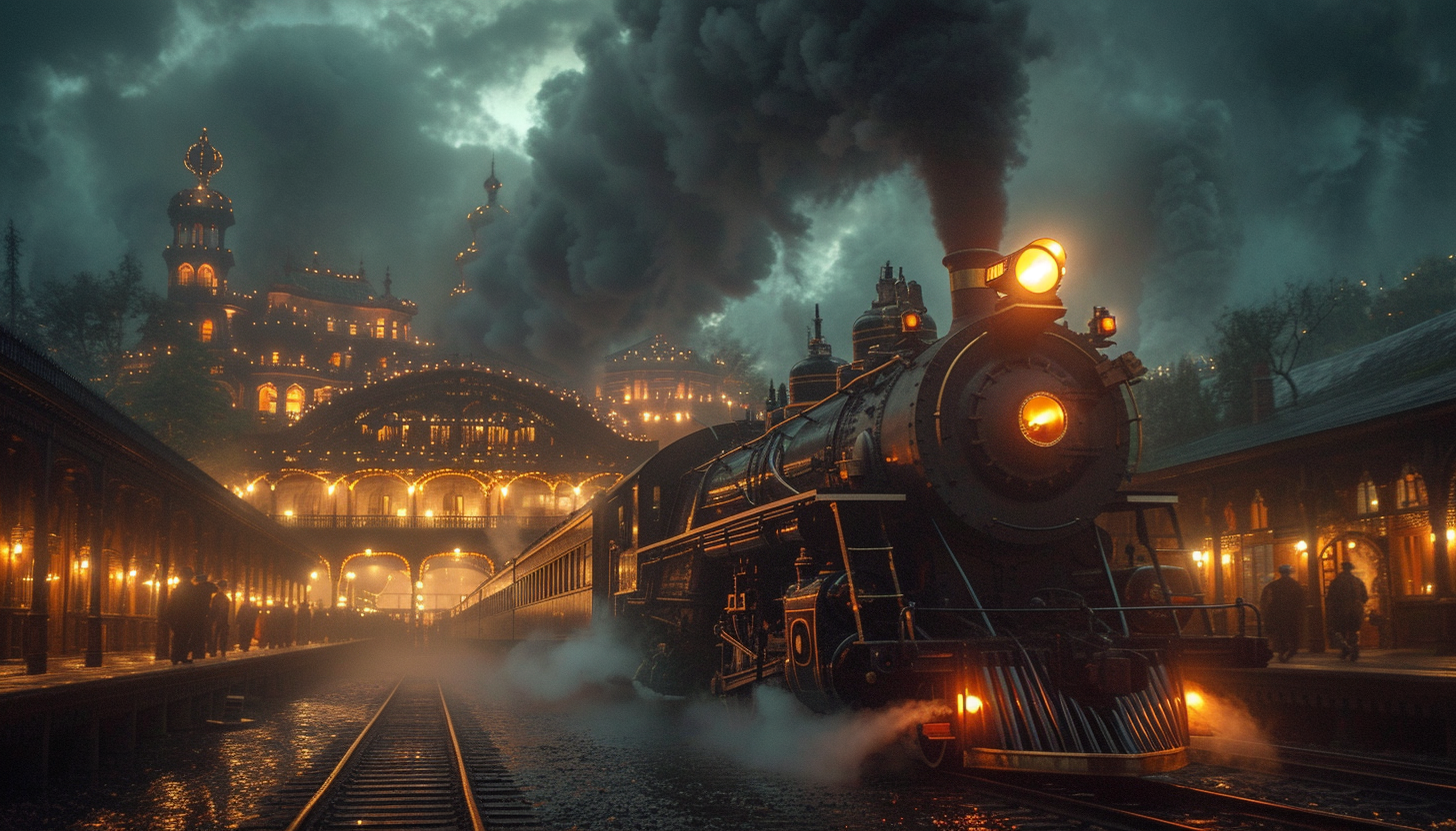 Roam through a Victorian-era steam locomotive station, with billowing steam, grand arches, and travelers from a bygone era.