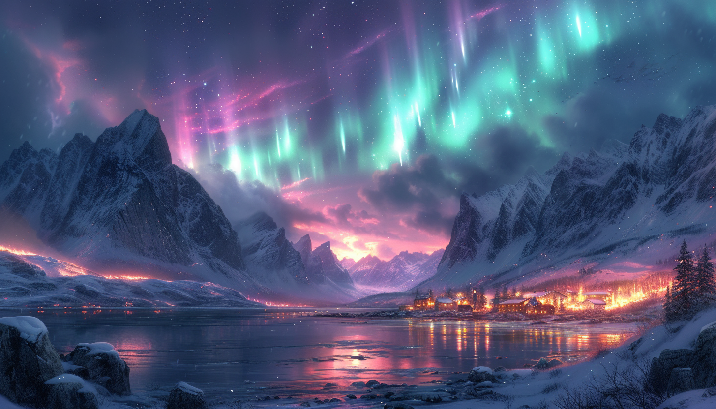 Visualize an Arctic landscape with snow-covered mountains, polar bears, and the mesmerizing dance of the Northern Lights in the night sky.