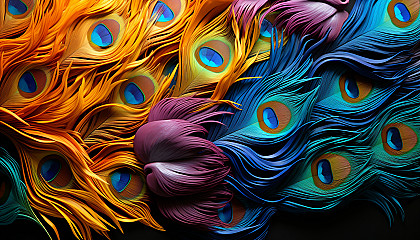 Vibrant peacock feathers, captured in stunning detail, displaying an array of colors.