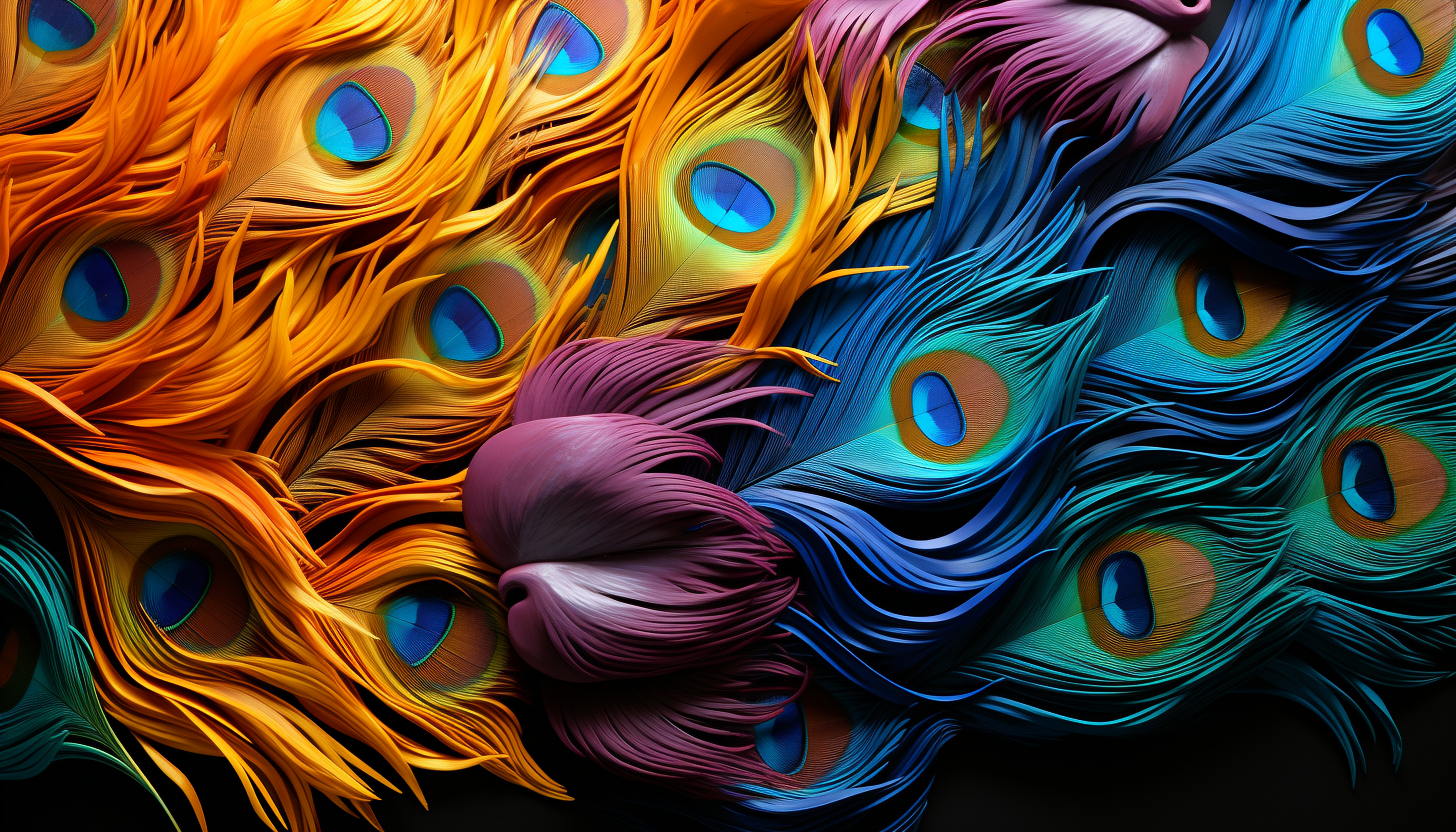 Vibrant peacock feathers, captured in stunning detail, displaying an array of colors.