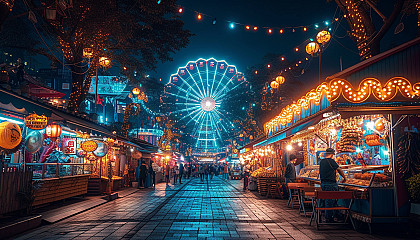 Vibrant carnival scene with festive lights, colorful booths, a Ferris wheel, and people in costume enjoying the festivities.