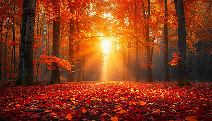 Vibrant autumn scene in a deciduous forest, with leaves in shades of red, orange, and yellow, a carpet of fallen leaves, and soft sunlight creating a warm, inviting glow.