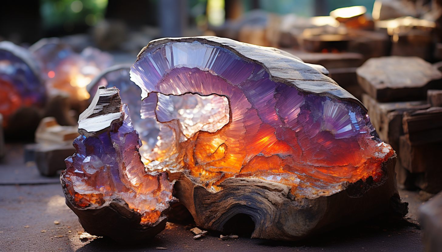 The iridescent interior of a geode, sparkling with color.