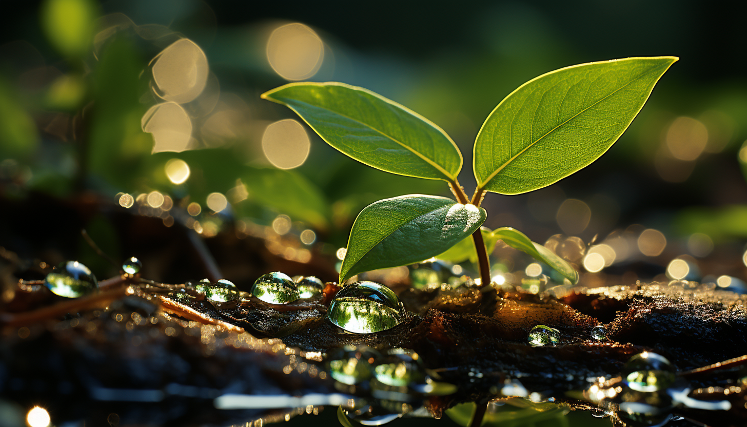 Close-up of a dewdrop on a leaf reflecting the morning sun.