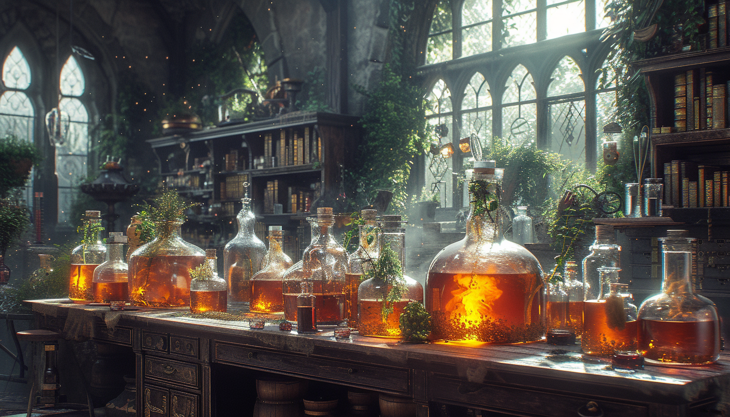 Step into a medieval alchemist's laboratory, with bubbling potions, arcane symbols, and the promise of mystical discoveries.