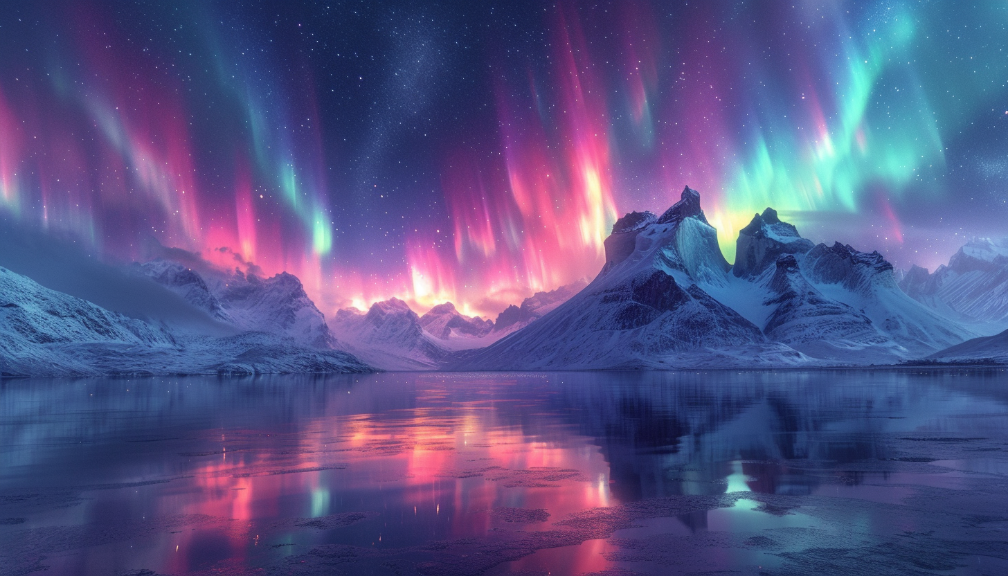 Visualize an Arctic landscape with snow-covered mountains, polar bears, and the mesmerizing dance of the Northern Lights in the night sky.