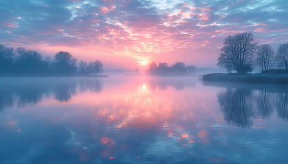 Discover a tranquil lakeside scene at dawn, where mist rises from the water, and the first light of day paints the sky with delicate pastels.