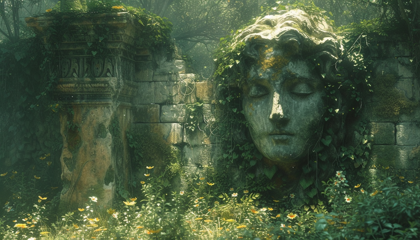 Discover a secret garden hidden within an overgrown maze, filled with hidden treasures, enchanting statues, and a sense of mystery.