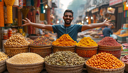 Transport yourself to a vibrant Indian bazaar, with bustling stalls, aromatic spices, and the kaleidoscope of colors of a bustling marketplace.