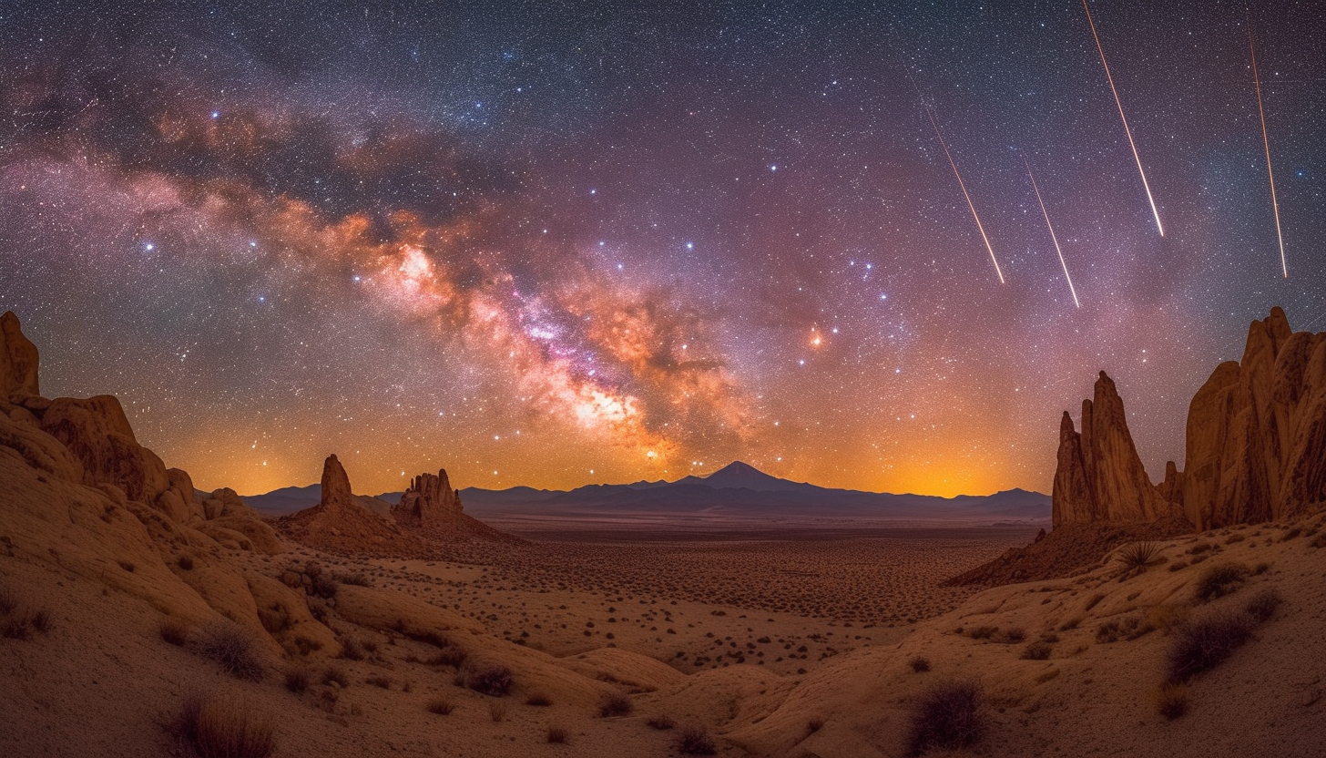 Witness a breathtaking meteor shower in a desert landscape, with shooting stars streaking across the vast, open night sky.