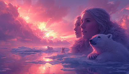 Serene Arctic scene with a family of polar bears on a floating ice cap, surrounded by a vast, icy ocean and a sky with subtle hues of pink and purple during the polar twilight.