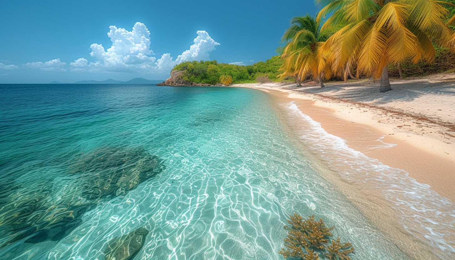 Lively tropical beach scene at midday with crystal-clear waters, white sandy shores, palm trees swaying in the breeze, and a colorful coral reef visible in the shallow water.