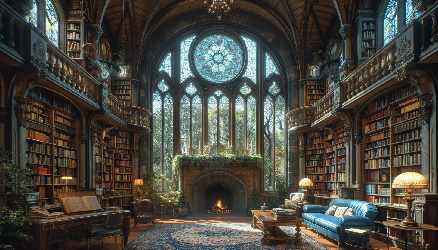 Grand library in a medieval castle, with towering bookshelves, antique maps, a large fireplace, and stained glass windows.