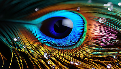 A close-up view of a peacock feather, showcasing its iridescent hues.