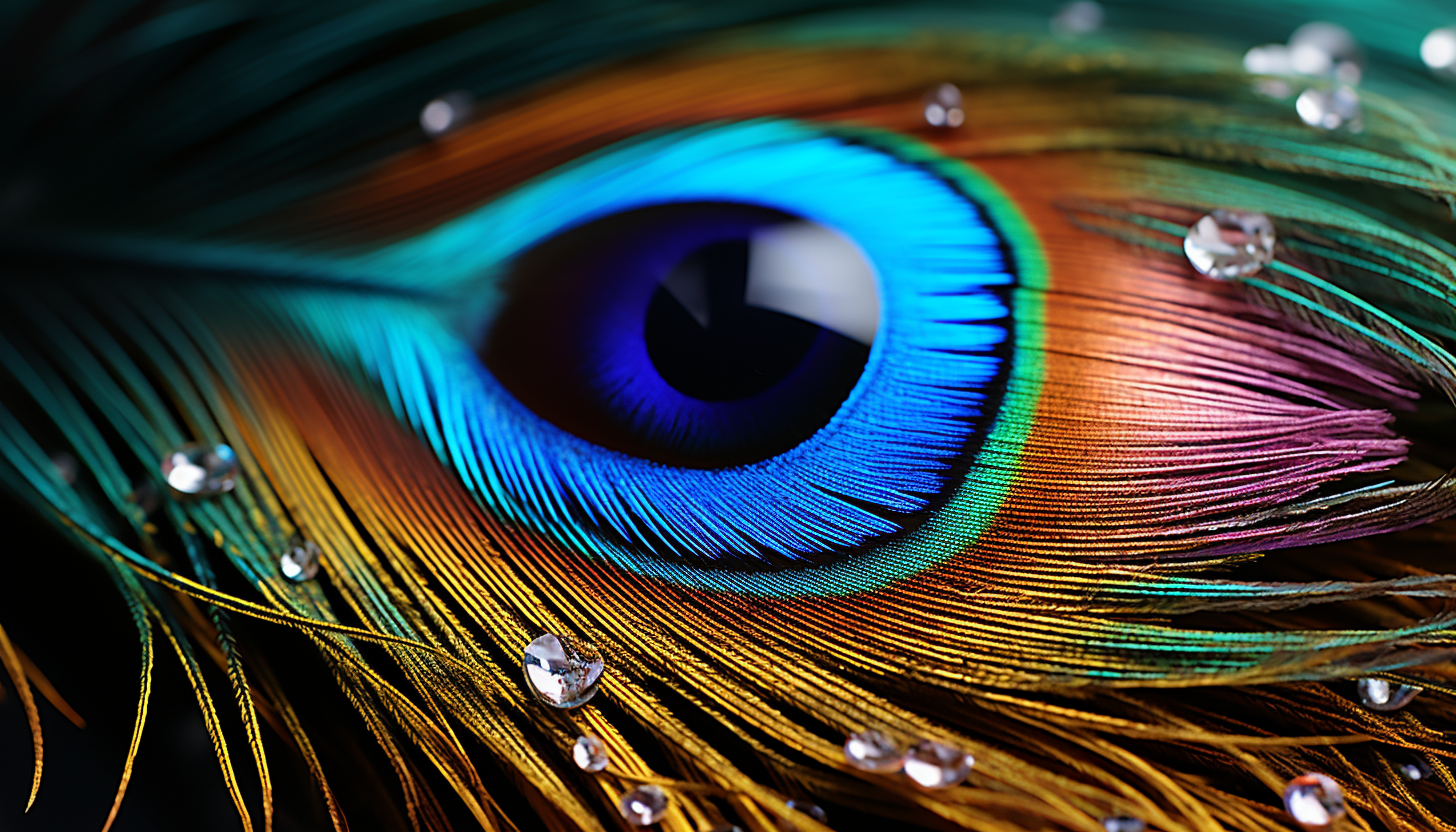 A close-up view of a peacock feather, showcasing its iridescent hues.