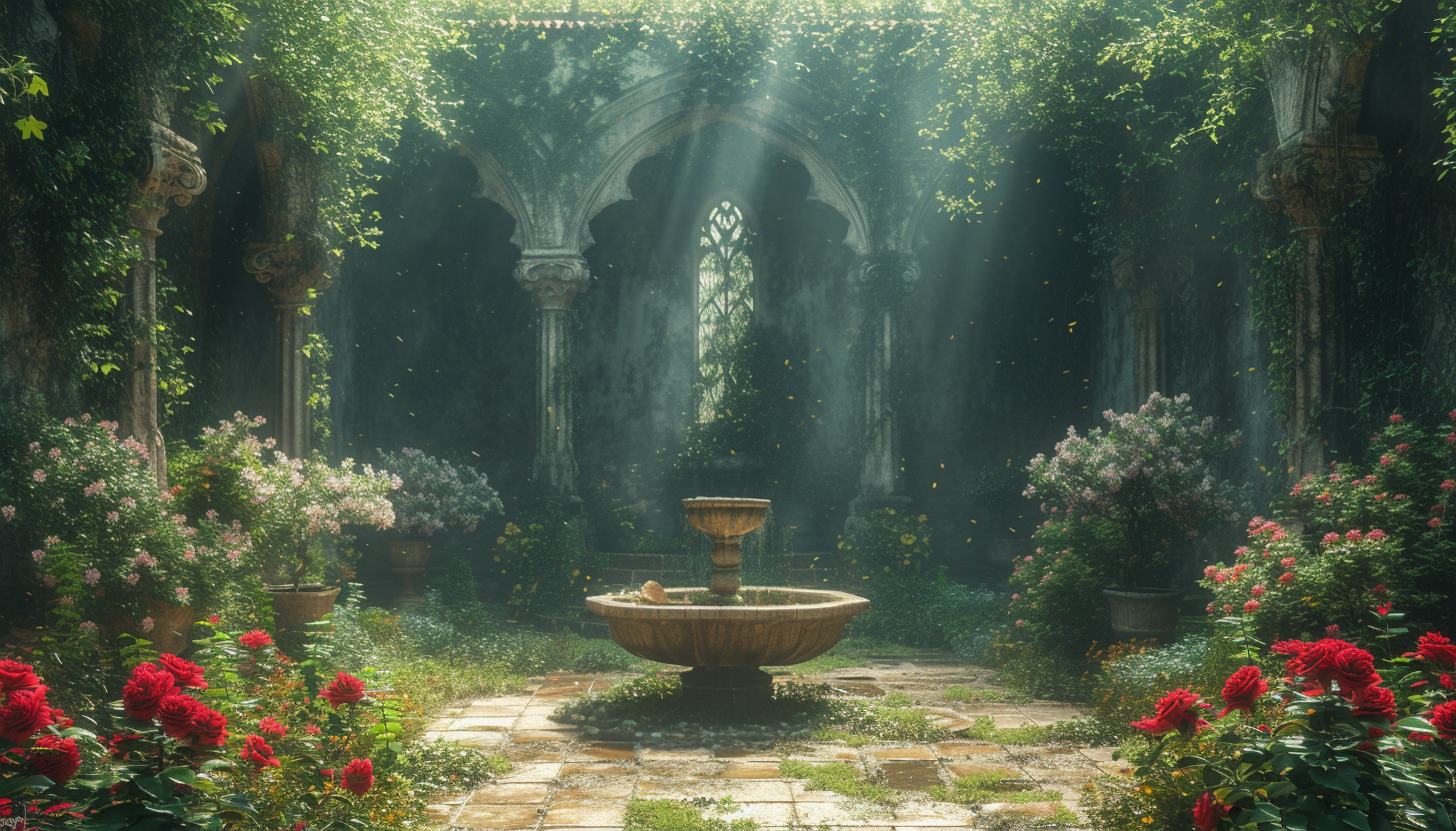 Discover a secret garden hidden within an overgrown maze, filled with hidden treasures, enchanting statues, and a sense of mystery.