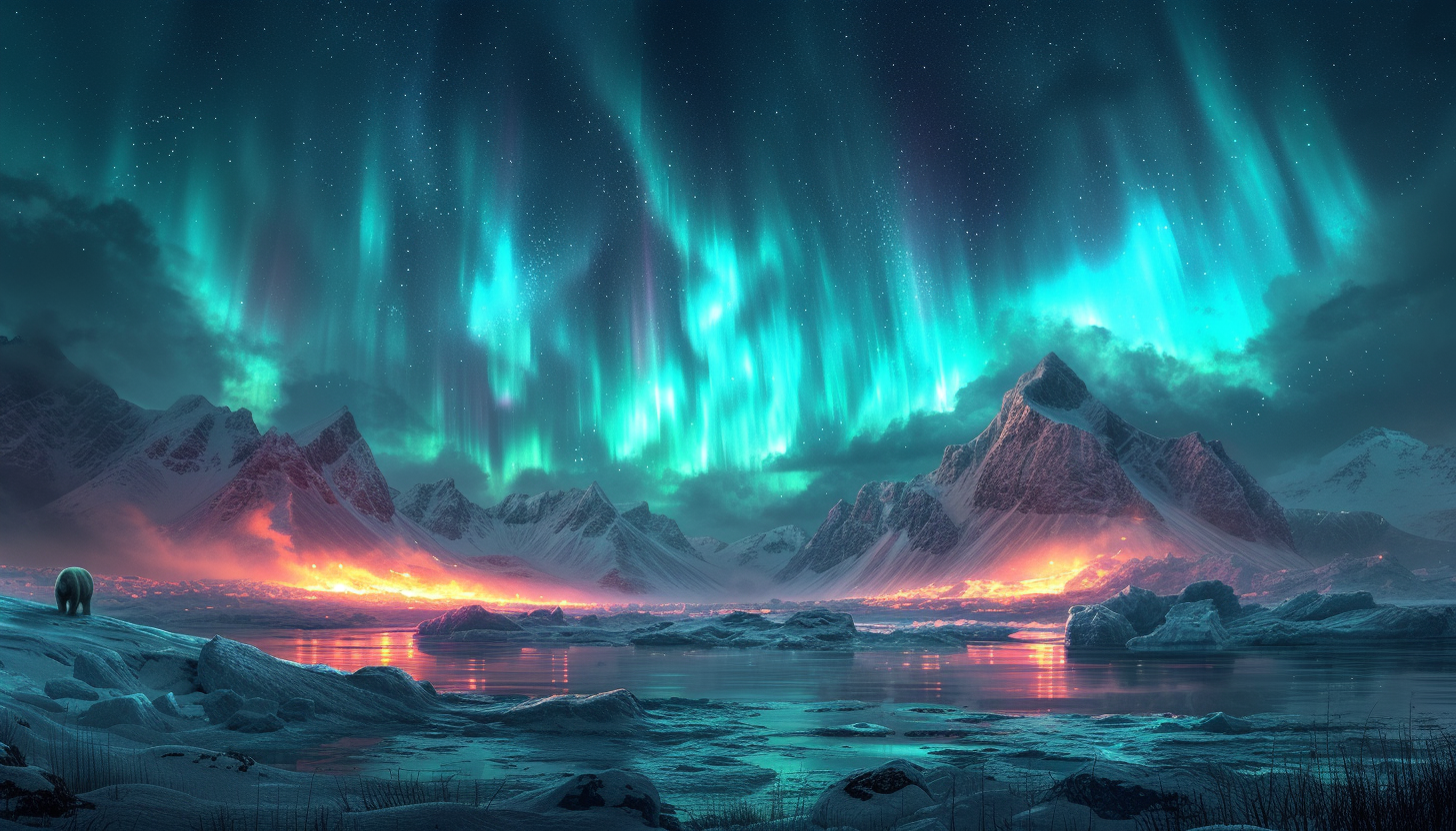 Visualize an Arctic landscape with snow-covered mountains, polar bears, and the mesmerizing dance of the Northern Lights in the night sky.