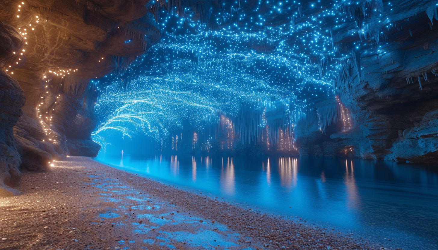 Enter a subterranean cavern illuminated by bioluminescent fungi, creating an eerie, phosphorescent underground world.