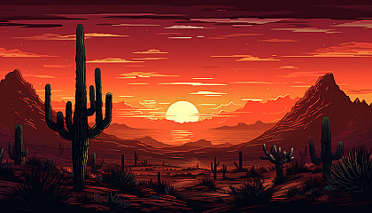 Silhouettes of cacti against a breathtaking desert sunset.