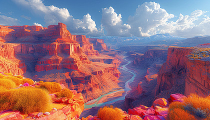 Majestic view of a rugged canyon landscape at sunset, with deep red and orange hues, shadows playing across the vast rock formations, and a winding river below.