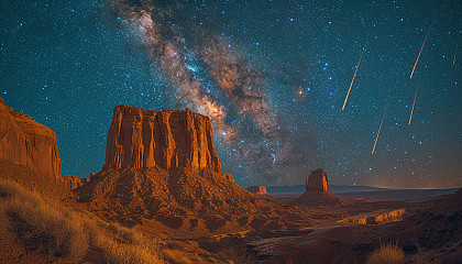 Witness a breathtaking meteor shower in a desert landscape, with shooting stars streaking across the vast, open night sky.