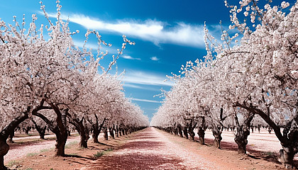 A grove of blossoming almond trees under a clear blue sky.