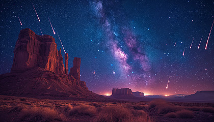 Witness a breathtaking meteor shower in a desert landscape, with shooting stars streaking across the vast, open night sky.