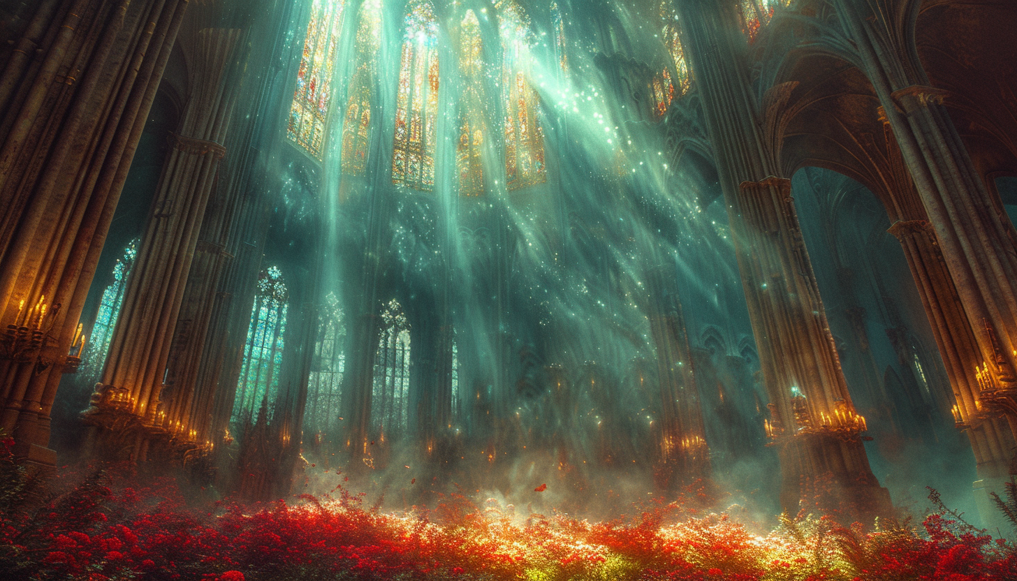 Gothic cathedral interior, with intricate stained glass windows, towering columns, and rays of light filtering through the dust.