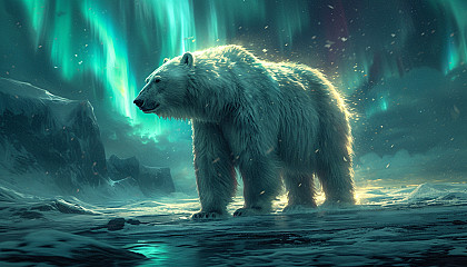 Visualize an Arctic landscape with snow-covered mountains, polar bears, and the mesmerizing dance of the Northern Lights in the night sky.