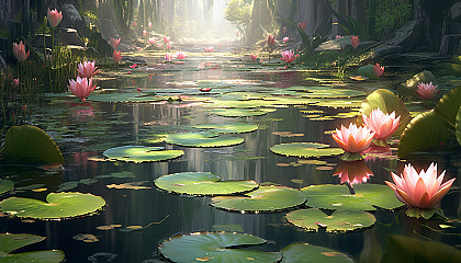 A tranquil pond covered with blooming water lilies.