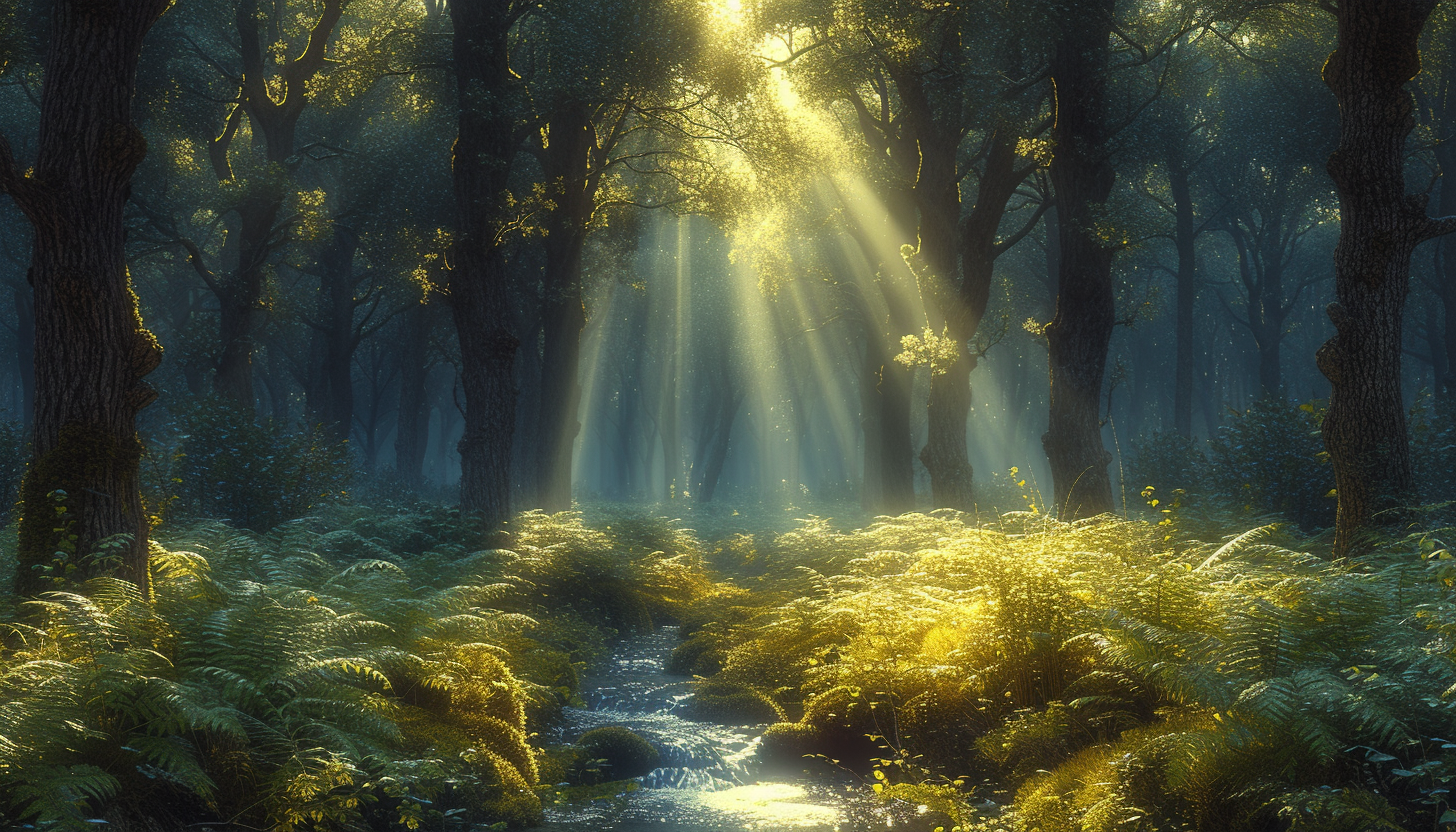 Explore a serene forest glade at dawn, with sunlight filtering through ancient trees, casting a gentle glow on dew-kissed ferns and a babbling brook.