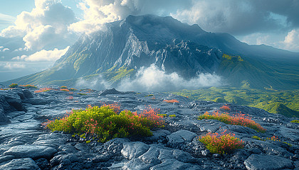 Dynamic volcanic landscape featuring a gently smoking volcano in the background, rugged lava fields, and resilient flora sprouting through the hardened lava.