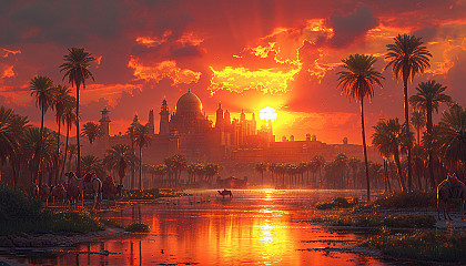 Desert oasis at sunset, with towering palm trees, a tranquil pond, camels resting, and ancient ruins in the background.