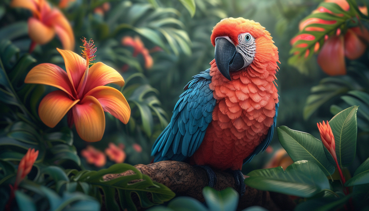 Design an app icon that brings to life the vibrant colors of a tropical rainforest, teeming with exotic birds, butterflies, and lush vegetation.