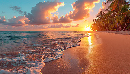 A sun-kissed beach at sunset, with palm trees, golden sands, and gentle waves rolling in under a colorful sky.