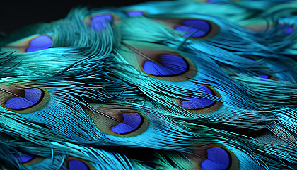 Macro detail of the iridescence in a peacock's tail feather.