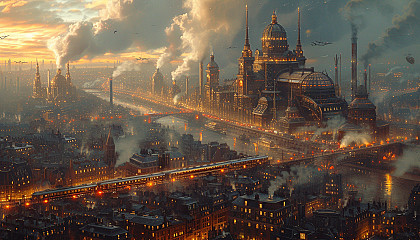 Immerse yourself in a dieselpunk metropolis, where towering smokestacks, dirigibles, and steam-powered vehicles define an alternative industrial era.