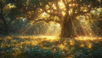 Discover a tranquil forest glade bathed in dappled sunlight, where ancient trees stand tall, fireflies dance, and a sense of wonder fills the air.