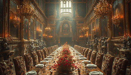 Step into a medieval castle's grand hall, adorned with tapestries, suits of armor, and a long dining table set for a royal feast.